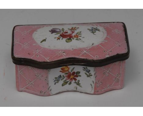An early George III South Staffordshire enamel serpentine commode-shaped table snuff box, each face colourfully painted with 