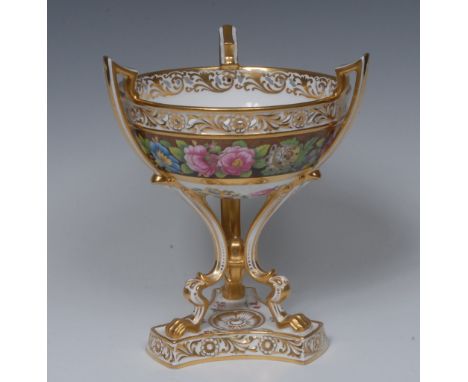 A Spode Copelands China three-handled pedestal bowl, banded with colourful summer flowers, pierced rim, angular handles, incu