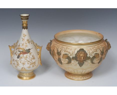 A Royal Worcester Persian Inspired two-handled ovoid vase, printed with fanciful bird perched on gilt foliage, on an ivory gr