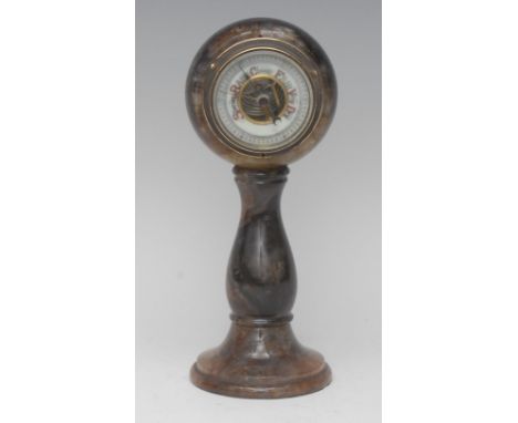 A Derbyshire Blue John desk aneroid barometer, 5cm circular register, baluster column, domed circular foot, 20cm high 