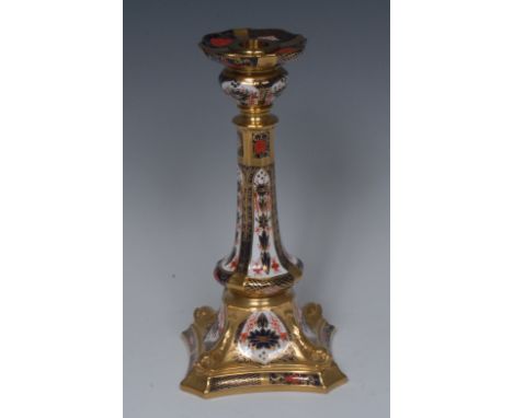 A Royal Crown Derby 1128 pattern Castleton candlestick, dolphin to angles, incurved square base, printed mark, boxed Conditio