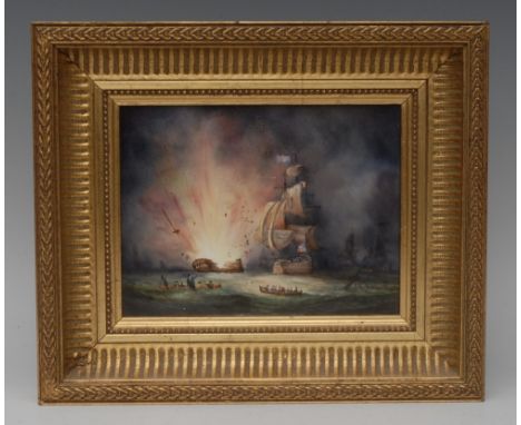A Lynton rectangular panel, painted by Stefan Nowacki, with galleon battle, 14cm x 19cm, framed 