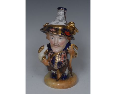 A Royal Crown Derby Tall Mansion House Dwarf, he stands holding a stick, wearing an 1128 pointed hat and waistcoat jacket, ci