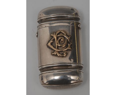 A Victorian gold coloured metal mounted silver trunk shaped vesta case, hinged cover, striker to base, 6cm long, William Evan