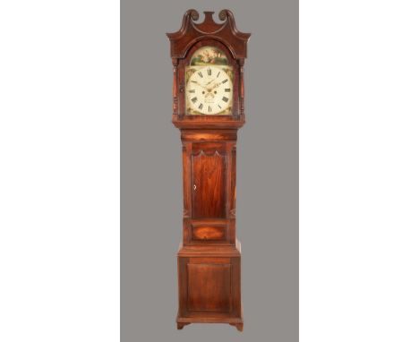 An early Victorian mahogany long case clock, 31cm arched enamelled dial inscribed William Atkin, Ticknall, the arch painted w