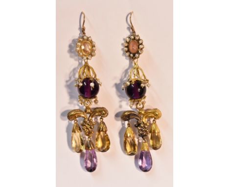 A pair of amethyst citrine and seed pearl chandelier earrings, oval orange panel within seed pearl surround, suspending an am