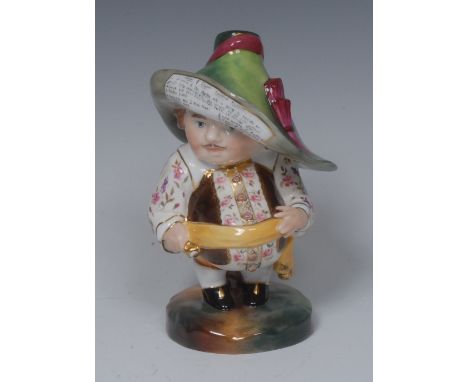 A Royal Crown Derby Short Mansion House Dwarf, he stands wearing a broad brimmed hat, his waistcoat banded in brown and roses