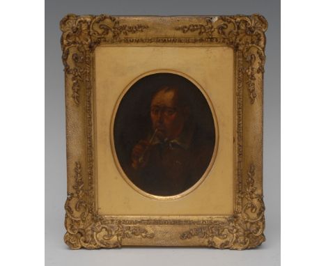Dutch School (18th century)Portrait of a Burgher, smoking a clay pipeoval, oil on metal panel, 11cm x 9cm