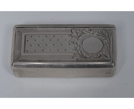 A 19th century French silver rectangular snuff box, hinged cover engraved with a vacant leafy cartouche, engine turned ground