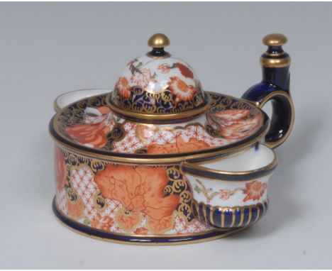 A Royal Crown Derby Imari inkwell, of cylindrical form, with central well, five pen apertures, loop handle, printed with larg