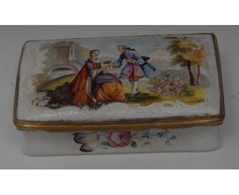 A South Staffordshire enamel rectangular snuff  box, the hinged cover decorated with courting couple, within white C-scrolls,