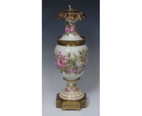 A late 19th century Continental porcelain and gilt metal mounted  lamp base, decorated with white and pink roses, on a light 