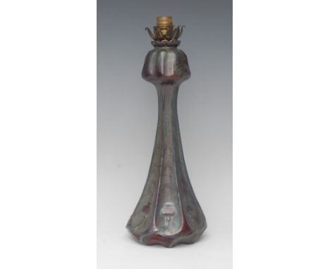 A Delphin Massier, Vallarris Art Nouveau fluted spreading cylindrical  copper oxide flambé lamp base, in relief with pomegran