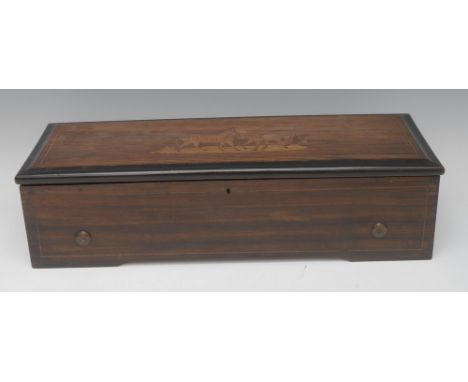 A 19th century Swiss musical box, 31cm drum,  playing eight airs, the walnut case inlaid with zebras, 56cm wide, c.1890