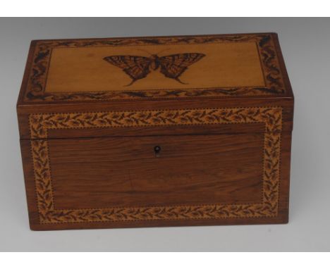 A Victorian Tunbridgeware and rosewood rectangular tea caddy, by Edmund Nye, Mount Ephraim and Parade, Tunbridge Wells, hinge