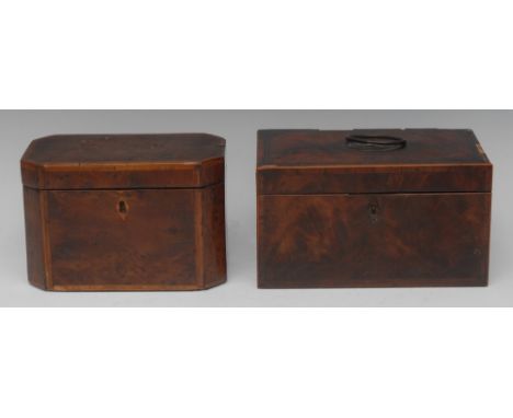 A George III burr yew canted rectangular tea caddy, hinged cover enclosing twin compartments, crossbanded and outlined throug