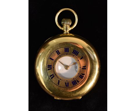 A George V 18ct gold gentleman's half hunter pocket watch; white enamel dial, Roman numerals, minute track, subsidiary second