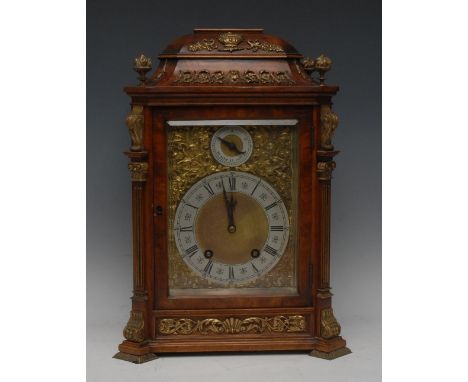 A Victorian ormolu mounted walnut bracket clock, 16cm rectangular brass dial with silvered chapter ring inscribed with Roman 