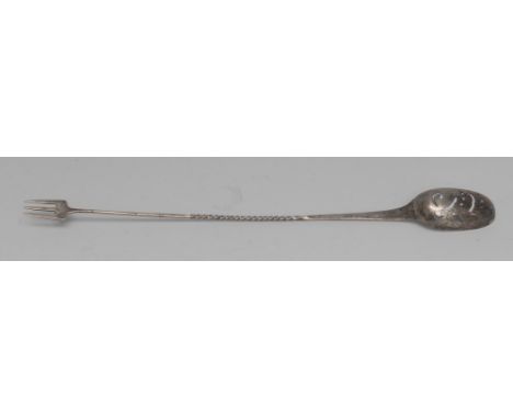 An 18th century silver coloured metal sucket fork, pierced mote spoon bowl, twisted haft, three-pronged fork, 27.5cm longColl