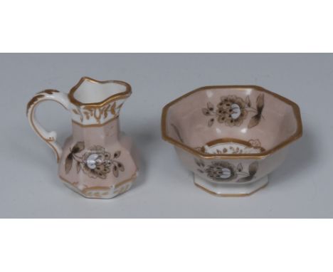 A Spode miniature Hydra jug and basin, painted with black and white flowers stems on a beige background,  pattern 4175