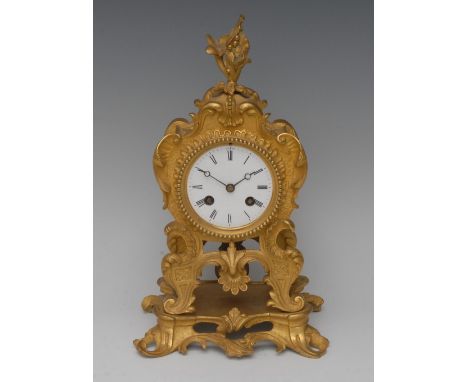 A 19th century French Louis XV Revival ormolu mantel clock, by Lecocq of Paris, 7cm white enamel circular dial inscribed with