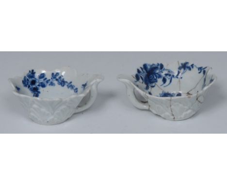 A Worcester pickle dish, decorated in underglaze blue with stylised flowers and foliage, the underside in relief with leaves,