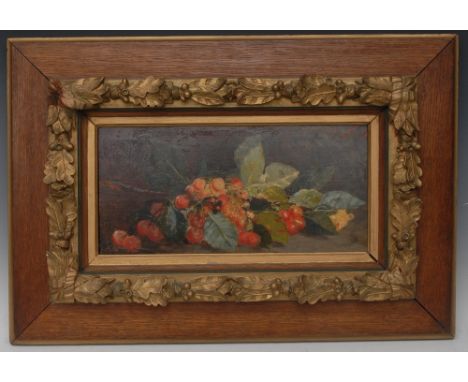 Adolfo Feragutti Visconti (1850 - 1924)Still Life, Leaves and Berriessigned, inscribed **bon ami Kayser?, oil on mahogany pan