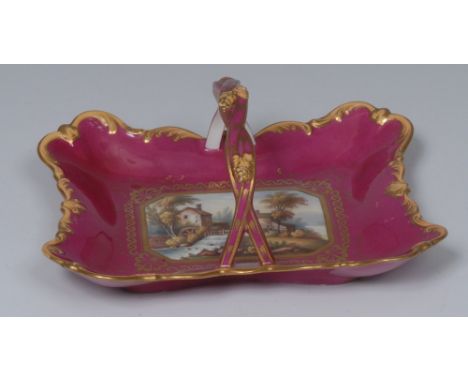A Chamberlain Worcester Named View shaped rectangular basket, with Mill on the Churnet, within canted gilt cartouche, on a pu
