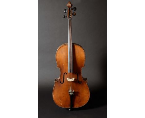 A cello, the two-piece back 77cm excluding button,coromandel tuning pegs and fret, carved scroll volute, outlined throughout 