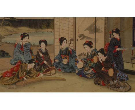 Japanese School (Meiji period)Geishas, The Musical Salonsigned and inscribed with black script and red seal mark, watercolour