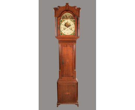 A George III oak and mahogany longcase clock, the 31cm arched painted dial inscribed C Riley, Halifax, painted with soldier o