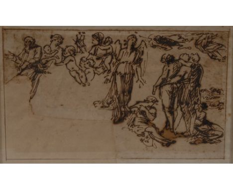 Italian Old Master School (17th century)Figural Study, Angels, The Three Graces, Cherubs pen and ink preparatory sketch, 15cm