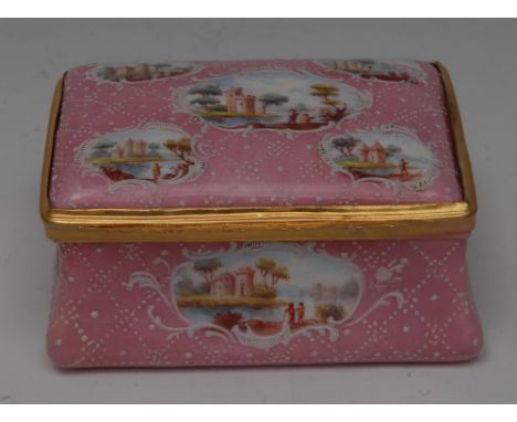 An 18th century enamel bowed rectangular table snuff box, the hinged cover painted with vignettes of picturesque landscapes w