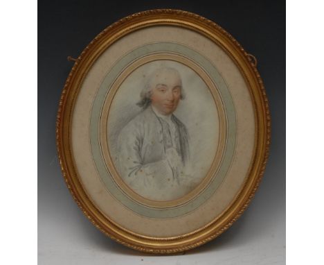 French School (late 18th century)Portrait of a Gentleman, half-length, wearing a black ribbon-tied white periwig, ruffled whi