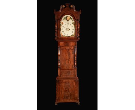 A William IV mahogany longcase clock, the 36cm arched painted dial inscribed *** H***, Burslem, Roman numerals, subsidiary se