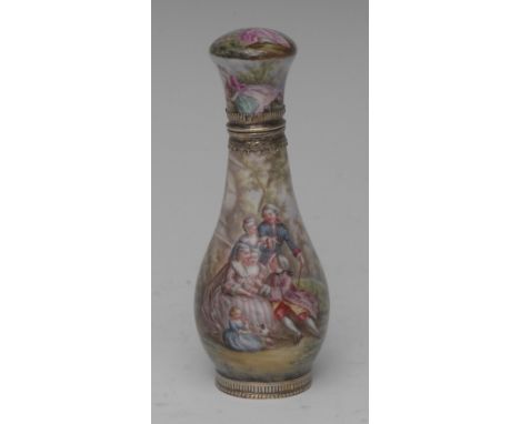 A Viennese enamel slender ovoid scent scent bottle, well painted with an aristocratic family in estate parkland, hinged cover