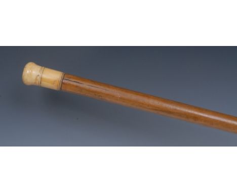 A 19th century gentleman's malacca walking cane, the turned ivory pommel now set with a compass, 93cm long