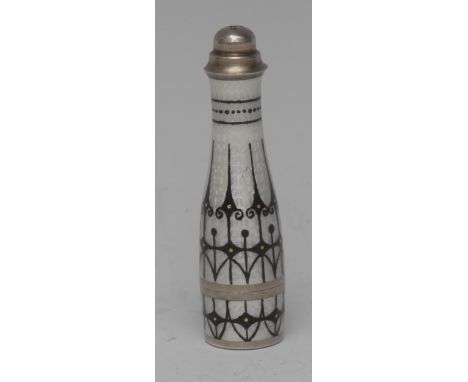 A Continental silver and enamel novelty bonbonniere, as a bottle, decorated in black on an engine turned opaque ground, screw