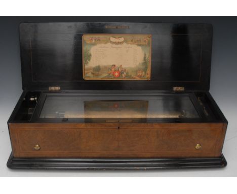 A large 19th century Swiss walnut and ebonised rectangular music box, 44cm cylinder playing eight airs on a one-piece comb, t