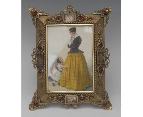 A 19th century French Renaissance Revival enamel and gilt-brass easel photograph frame, each side cast with alternating recta