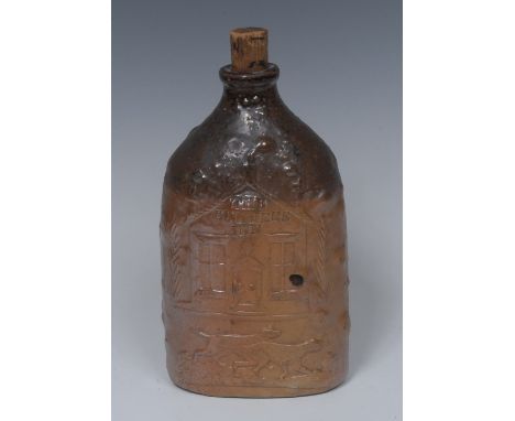 A 19th century brown salt glazed stoneware flask, possibly Derbyshire/Nottinghamshire, in relief with The Colliers Inn and hu