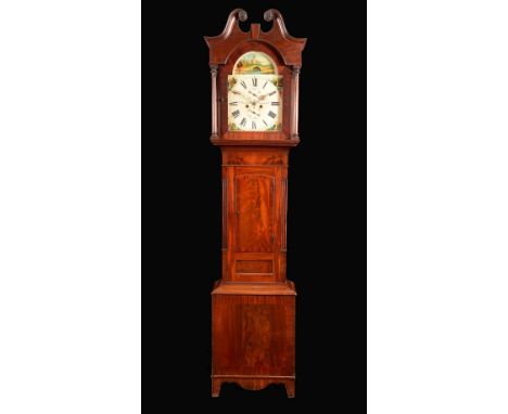 A William IV mahogany longcase clock, the 32cm arched painted dial inscribed R. Tennison/Chesterfield, Roman numerals, the ar