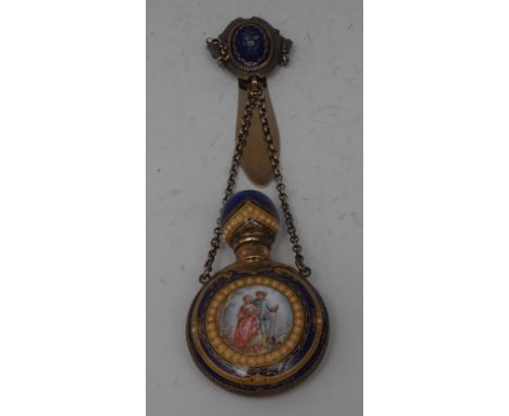 A 19th century enamel moon shaped chatelaine scent bottle, painted with a courting couple, to verso with flowers, outlined wi