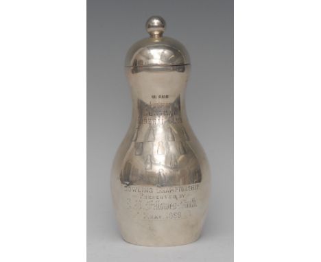 A Victorian silver novelty tea caddy, as a skittle, engraved with ten 'pins' and inscribed Leek Central Liberal Club Bowling 