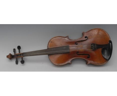 A 19th century violin, 34.3cm two-piece back excluding button, outlined with tramline purfling, ebony tuning pegs, finger boa