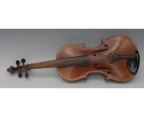 A violin, 37cm two-piece back excluding button, outlined with tramline purfling, 60cm long 