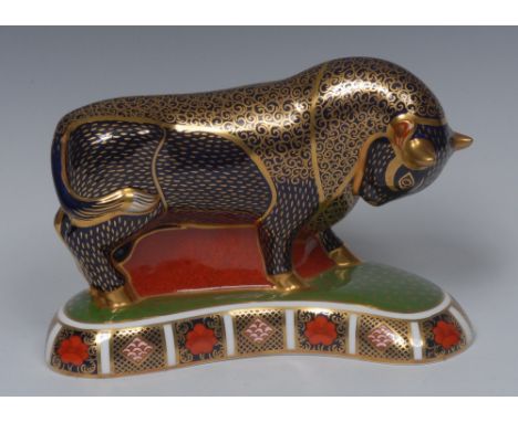 A Royal Crown Derby paperweight, Bull, printed mark, gold stopper Condition Report: First