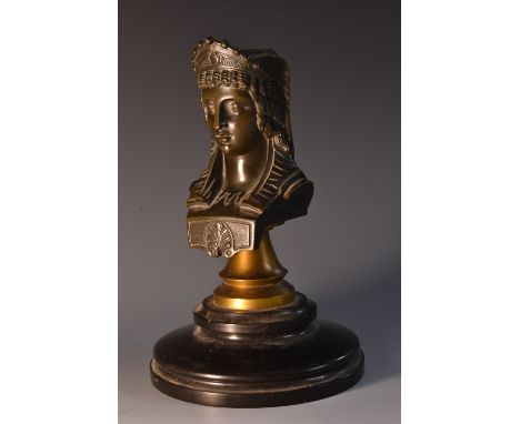 A 19th century French Grecian Revival figural candlestick, cast as the head and bust of a Classical maiden, gilt metal socle,