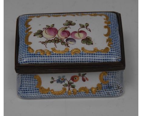 An early George III South Staffordshire enamel bowed rectangular snuff box, the hinged cover painted in coloured enamels with