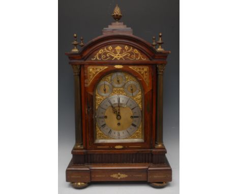 A substantial Victorian rosewood and brass marquetry bracket clock, 19cm arched brass dial inscribed Smith and Son, 85 Strand